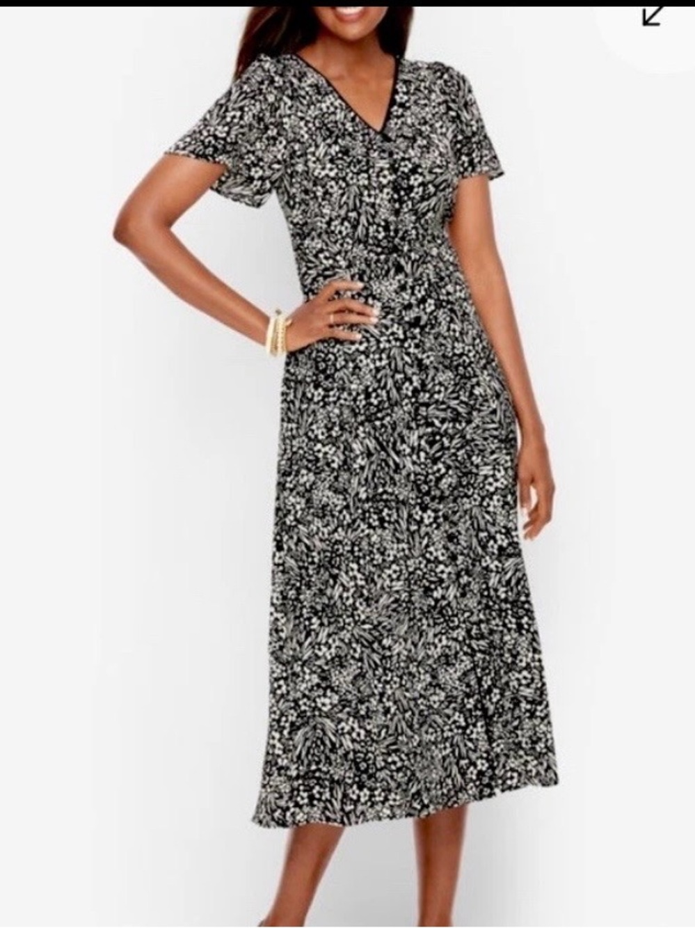 Talbots Floral Button Detail Fit & Flare Dress Women's 16 Black White Boho  Chic
